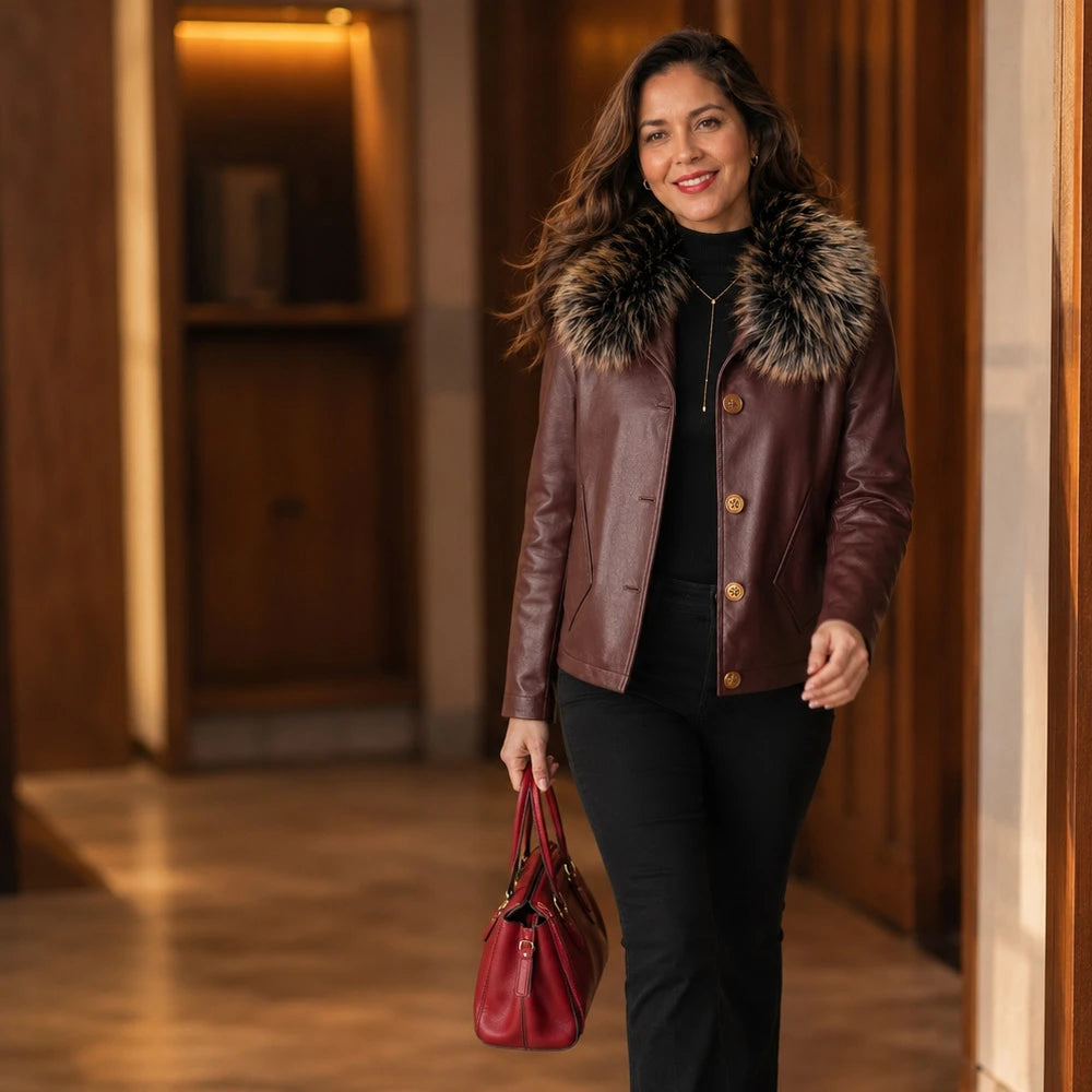 [COMPRÁ 1 Y LLEVÁ 2] Campera Isabella de Cuero Legítimo y Lana con Interior Forrado + Neceser Organizador de Regalo